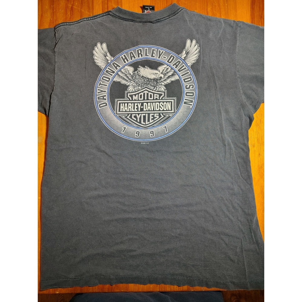 Men's XL Vintage Daytona Harley Davidson Pocket T Shirt, Dark Gray, Biker, Eagle
